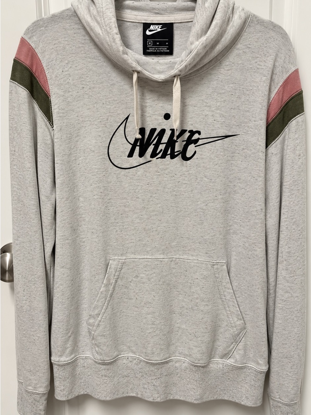 Nike Women’s Light Gray Jersey Hoodie with Blush and Olive Shoulder Stripes